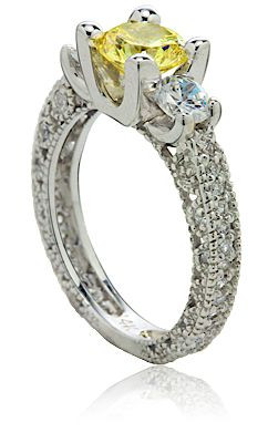 Korra 1 carat three stone round lab grown diamond alternative cubic zirconia antique engraved pave engagement ring in Platinum.