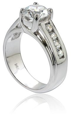 Round 1.5 Carat Lattice Prong Channel Set Engagement Ring with lab grown diamond look cubic zirconia in platinum.