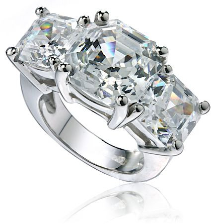 Three stone asscher cut 8.5 carat lab created cubic zirconia engagement ring 14k white gold.