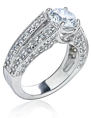 Revelle 2 carat round lab grown diamond quality cubic zirconia pave split shank solitaire engagement ring in 18k white gold.