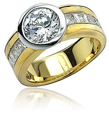 Spadina 3 carat round lab grown diamond alternative cubic zirconia bezel engagement ring channel princess cut in 14k yellow gold.