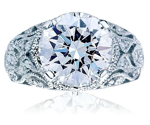 Bristol 5.5 carat round lab grown diamond quality cubic zirconia antique estate style engagement ring solitaire in platinum.