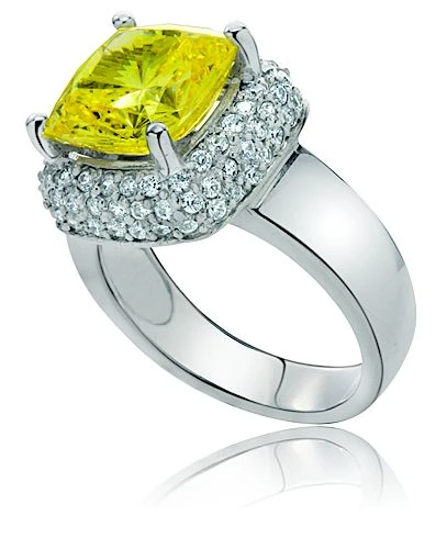Eleni 5.5 carat cushion cut square lab grown diamond simulant cubic zirconia pave solitaire cocktail ring in 18k white gold.