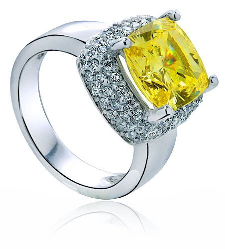 Eleni 5.5 carat cushion cut square lab grown diamond alternative cubic zirconia pave solitaire cocktail ring in 14k white gold.
