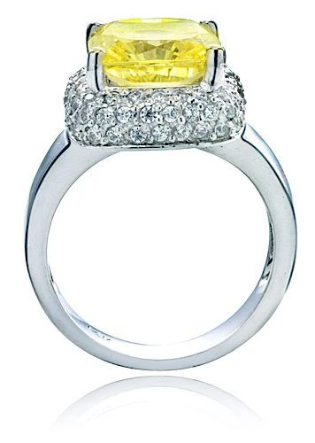 Eleni 5.5 carat cushion cut square lab grown diamond quality cubic zirconia pave solitaire cocktail ring in platinum.
