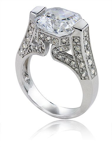 Asscher Cut 5.5 Carat Pave Solitaire with lab grown alternative cubic zirconia in 14k white gold.