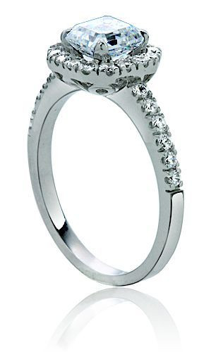 Arden 1 carat 6mm asscher cut laboratory grown diamond simulant cubic zirconia halo pave solitaire engagement ring in platinum.