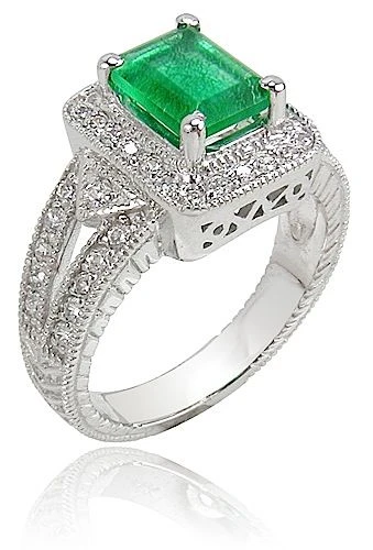 Emerald cut 1.5 carat lab grown diamond alternative cubic zirconia pave halo antique estate style solitaire ring in 14k white gold.