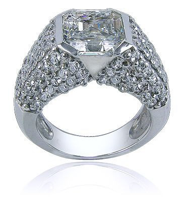 Asscher Cut 2.5 Carat Semi Bezel Pave Ring with lab grown diamond alternative cubic zirconia in platinum.