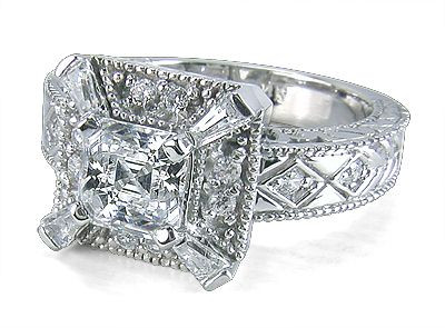 Asscher cut lab grown diamond alternative cubic zirconia antique estate style solitaire ring in 14k white gold.