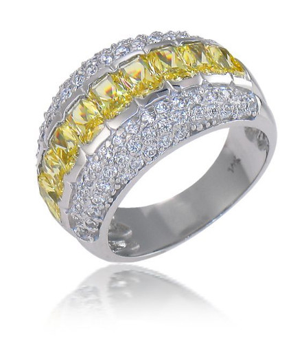 Evanna .50 carat each canary emerald cut and pave lab grown diamond look cubic zirconia eternity band in platinum.