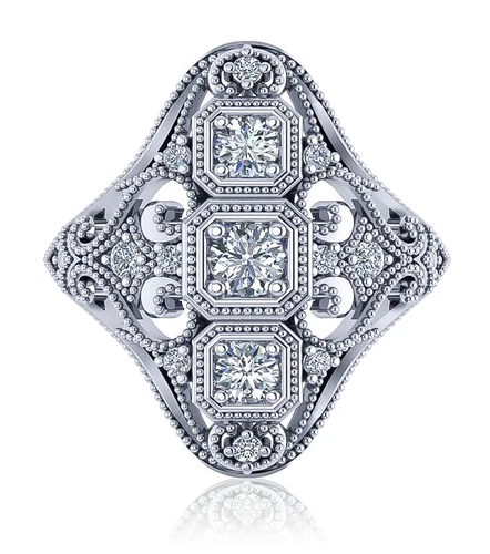 Three stone antique art deco milgrain lab grown diamond alternative cubic zirconia ring in 14k white gold.