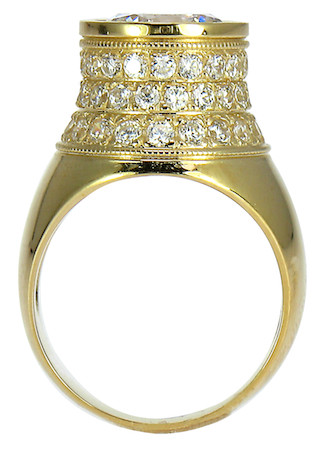 Round brilliant 4 carat bezel set lab grown diamond quality cubic zirconia pave solitaire engagement ring in 18k yellow gold.