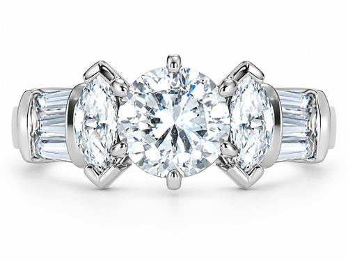 Round marquise and channel set baguette lab grown diamond look cubic zirconia solitaire engagement ring in 14k white gold.