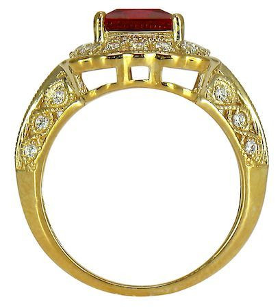 Vitenna 1.5 carat princess cut man made ruby and pave lab grown diamond look cubic zirconia halo ring in 14k yellow gold.