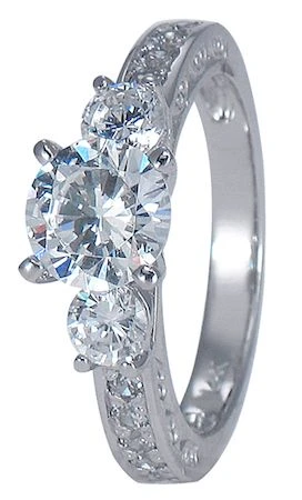 Round 1.25 carat lab grown diamond alternative cubic zirconia three stone engraved antique engagement ring in 14k white gold.