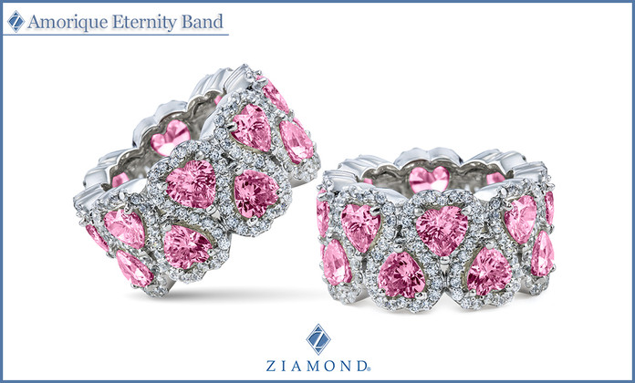 Amorique Pink Heart Shape and Pave Halo Eternity Band