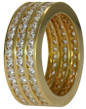 Three row channel set round eternity wedding band with lab grown diamond quality cubic zirconia in 14k yellow gold.