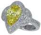Piezza 3 carat canary pear lab grown diamond quality cubic zirconia semi bezel set half moon pave ring in platinum.
