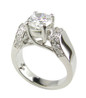 Round Trellis Setting Saddle Engagement Ring with lab grown diamond look cubic zirconia in 14k white gold.