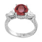Enchantress 2 carat round and pear three stone lab grown diamond alternative cubic zirconia engraved ring in 14k white gold.
