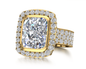 Avellina 7 carat emerald radiant cut halo lab grown diamond look cubic zirconia ring in 18k yellow gold.