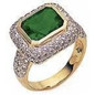 Emine 4 carat horizontal emerald cut bezel ring with a halo of pave round lab grown diamond simulant cubic zirconia in 14k yellow gold.