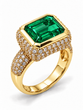 Emine East West Bezel Set 4 Carat Emerald Cut Ring with a halo of pave round lab grown diamond simulant cubic zirconia in 14k yellow gold.