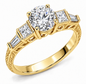 Round 1.5 carat lab grown diamond simulant cubic zirconia princess cut square baguette antique estate ring in 14k yellow gold.