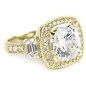 Lenova cushion cut lab created cubic zirconia halo ring with trapezoids set in 14k yellow gold.