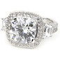 Lenova cushion cut lab created cubic zirconia halo ring with trapezoids set in platinum.