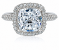Hamilton 1 Carat Cushion Cut Square Laboratory Grown Diamond Simulant Cubic Zirconia Micro Pave Set Round Halo Eternity Engagement Ring in platinum.