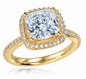 Hamilton 1 Carat Cushion Cut Square Laboratory Grown Diamond look Alternative Cubic Zirconia Micro Pave Set Round Halo Eternity Engagement Ring in 14k yellow gold.