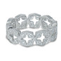 Pave set lab grown diamond quality cubic zirconia round and milgrain cut out wedding eternity band in platinum.