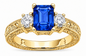 Emro 1.5 carat emerald cut man made sapphire and lab grown diamond alternative cubic zirconia three stone antique estate ring in 14k yellow gold.