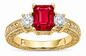 Emro 1.5 carat emerald cut lab grown man made ruby and diamond alternative cubic zirconia three stone antique estate ring in 14k yellow gold.