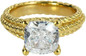 Cushion Cut 4 Carat Twisted Rope Solitaire with Laboratory Grown Diamond Simulant Cubic Zirconia in 14K Yellow Gold.