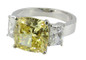 Lena cushion cut canary and emerald radiant cut lab grown diamond look cubic zirconia three stone ring in 14k white gold.