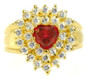 Heart 1 carat ruby red double halo lab grown diamond alternative cubic zirconia cluster ring in 14k yellow gold.