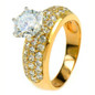 Round 1.5 Carat Pave Set Three Row Solitaire Ring with lab grown diamond alternative cubic zirconia in 14k yellow gold.