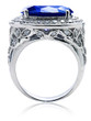 Zabel 9 carat man made sapphire oval gemstone and pave halo lab grown diamond look cubic zirconia cocktail ring in 14k gold and platinum.