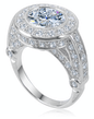 Hermitage 2 carat round bezel set lab grown diamond quality cubic zirconia pave halo engagement ring in platinum.