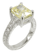 Claudine 2.5 emerald radiant cut lab grown diamond look cubic zirconia engraved pave solitaire engagement ring in platinum.