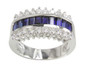 Jazz channel set man made sapphire baguette and round lab grown diamond quality cubic zirconia anniversary band in 14k white gold.