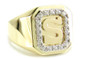 Unisex pave lab created cubic zirconia signet initial ring in 14k yellow gold.