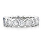 Semi bezel set round lab created cubic zirconia eternity band in 14k white gold, 14k yellow gold and platinum.