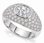 Bezel set 1.5 carat oval lab grown pave domed diamond look alternative cubic zirconia ring in 14k white gold.