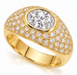 Bezel set 1.5 carat oval lab grown pave domed diamond look alternative cubic zirconia ring in 14k yellow gold.