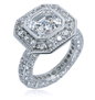 Asscher cut 2.5 carat bezel set lab grown diamond look cubic zirconia pave round halo engagement ring in 14k white gold.