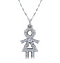 Little Girl Stick Figure Charm Pendant with pave set round lab grown diamond simulant cubic zirconia in 14k white gold.